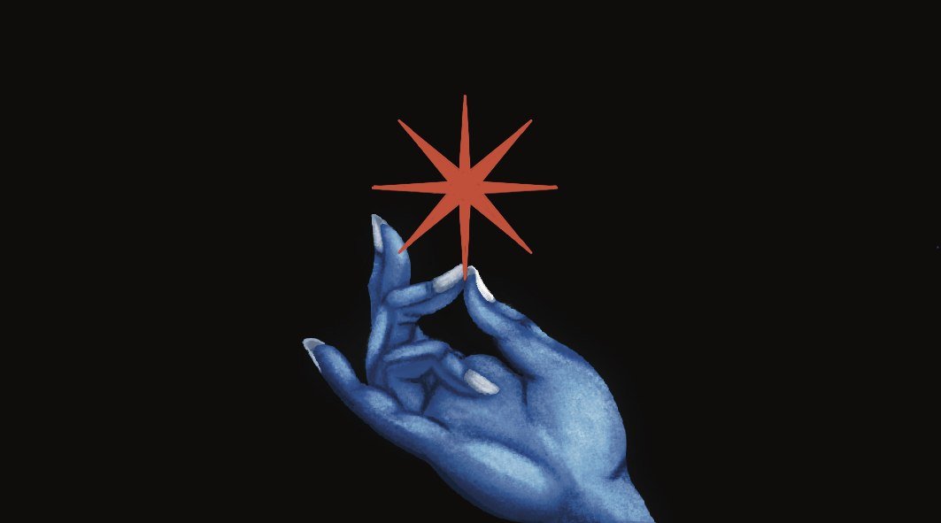 Blue-inked hand reaching toward a small red eight-point star